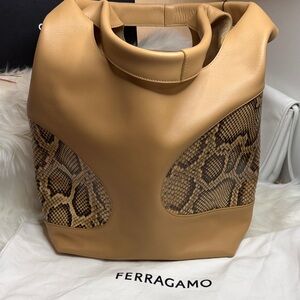 Salvatore Ferragamo Camel Leather Tote with Snake-Print Insets